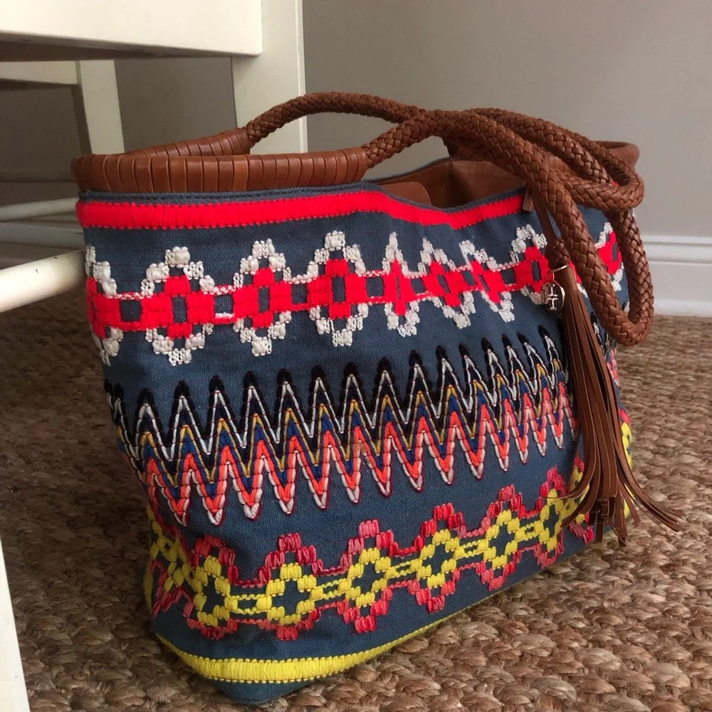 Tory Burch Taylor Aztec Linen Tote with Calf Leather.